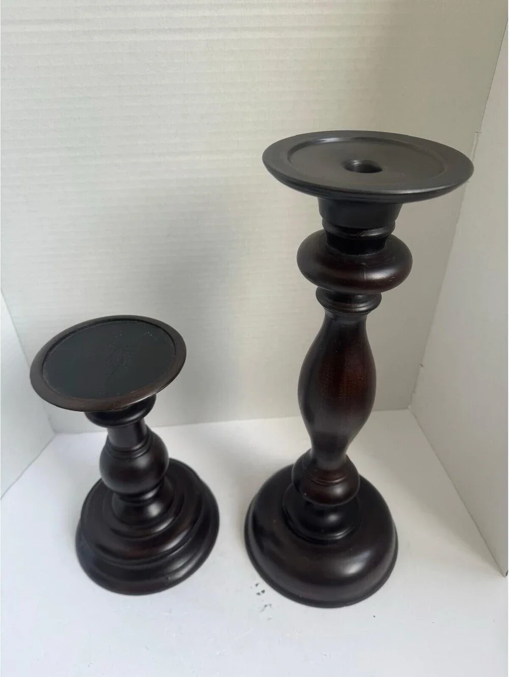 Vintage Pottery Barn Turned Wood Pillar Candle Holders — Espresso Finish